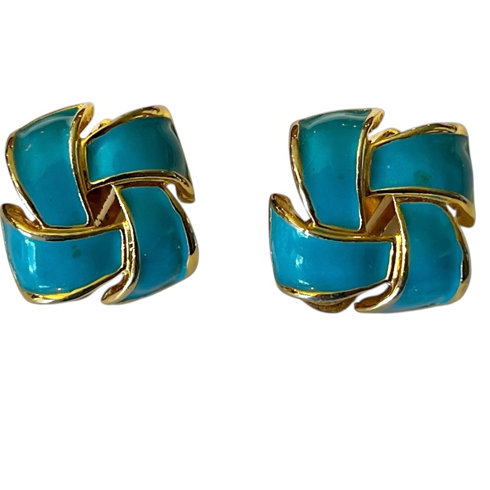70s Gold and Blue Knot Earrings Clip On